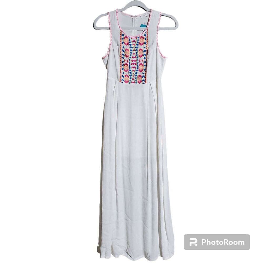 SugarLips Maxi Dress Size Small White Multi-Color Embroidered Pattern
